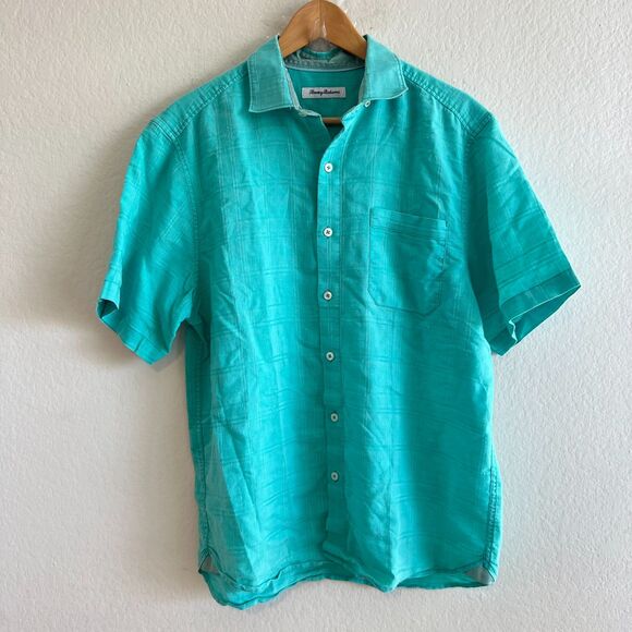 TOMMY BAHAMA Vintage Teal Green Linen Short Sleeve Button Down Shirt Mens Medium - Picture 1 of 7
